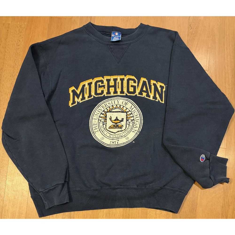 Vintage Champion Sweatshirt Michigan Wolverines USA Mens XL Blue Crewneck 90s